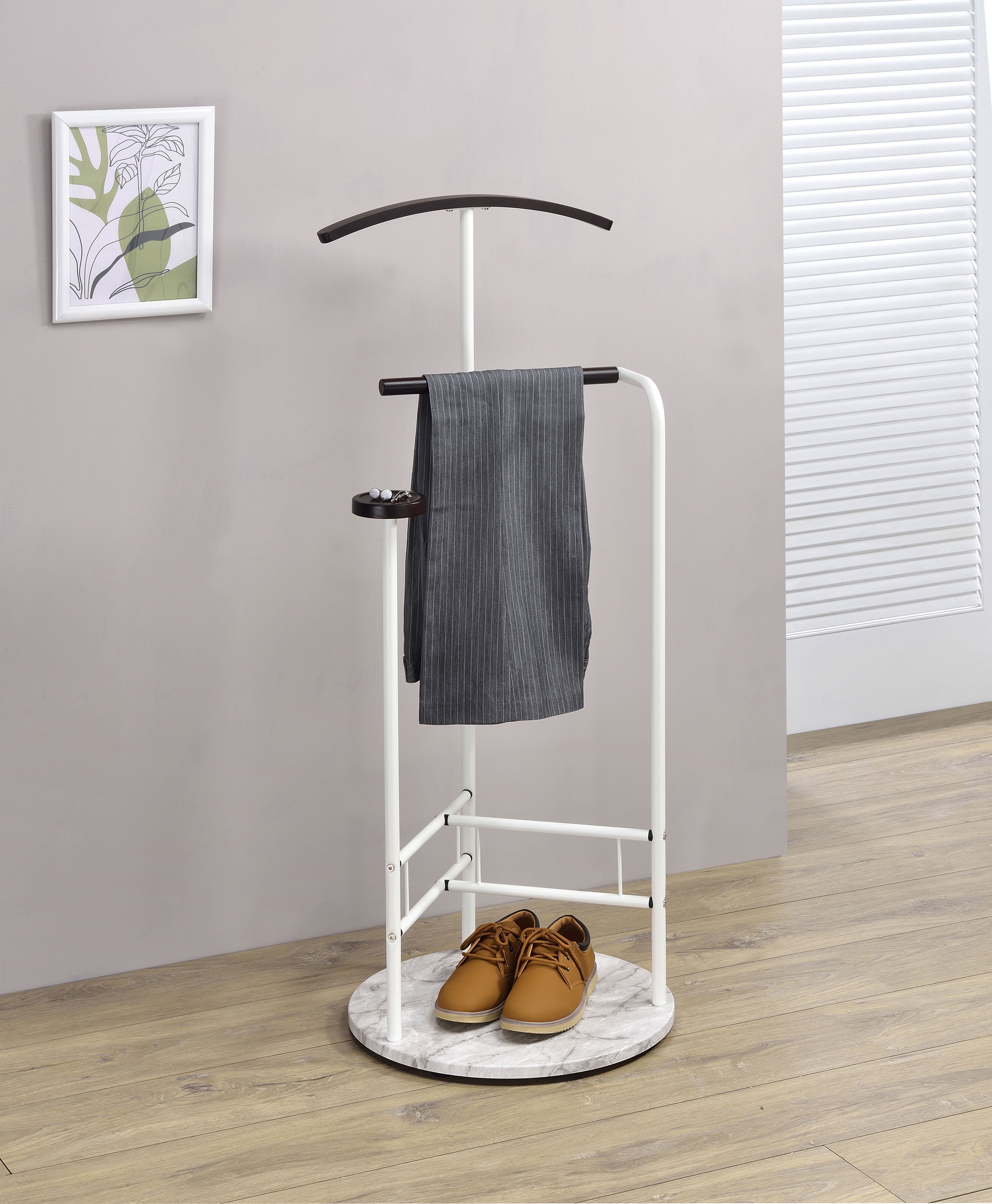 Proman Products Scandia Valet Stand, Clothes Organizer with Tray Hanger Wood Metal, White