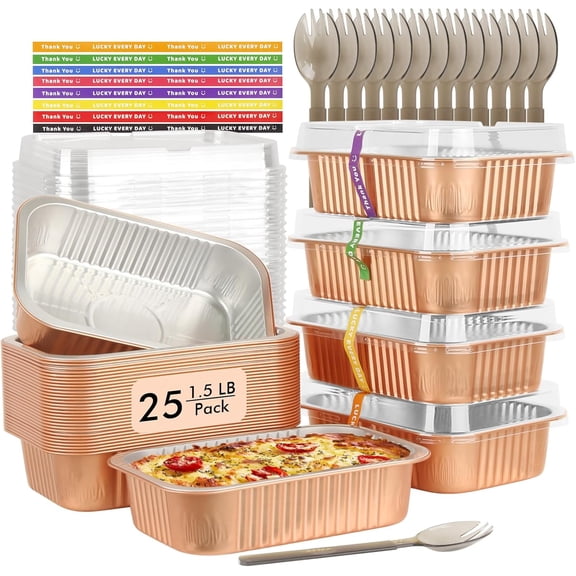 7” x 5” Small Aluminum Pans with Lids 25 Pack, 1.5lb Heavy Duty Foil Baking Tins To Go Containers,Individual Leftover Containers Baked Food Holders Boxes for Oven Grill-Champagne