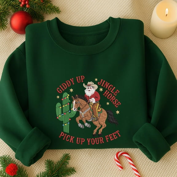 Giddy Up Jingle Horse Pick Up Your Feet Embroidered Sweatshirt, Christmas Howdy Country Embroidered Shirt, Santa Cowboy Hoodie