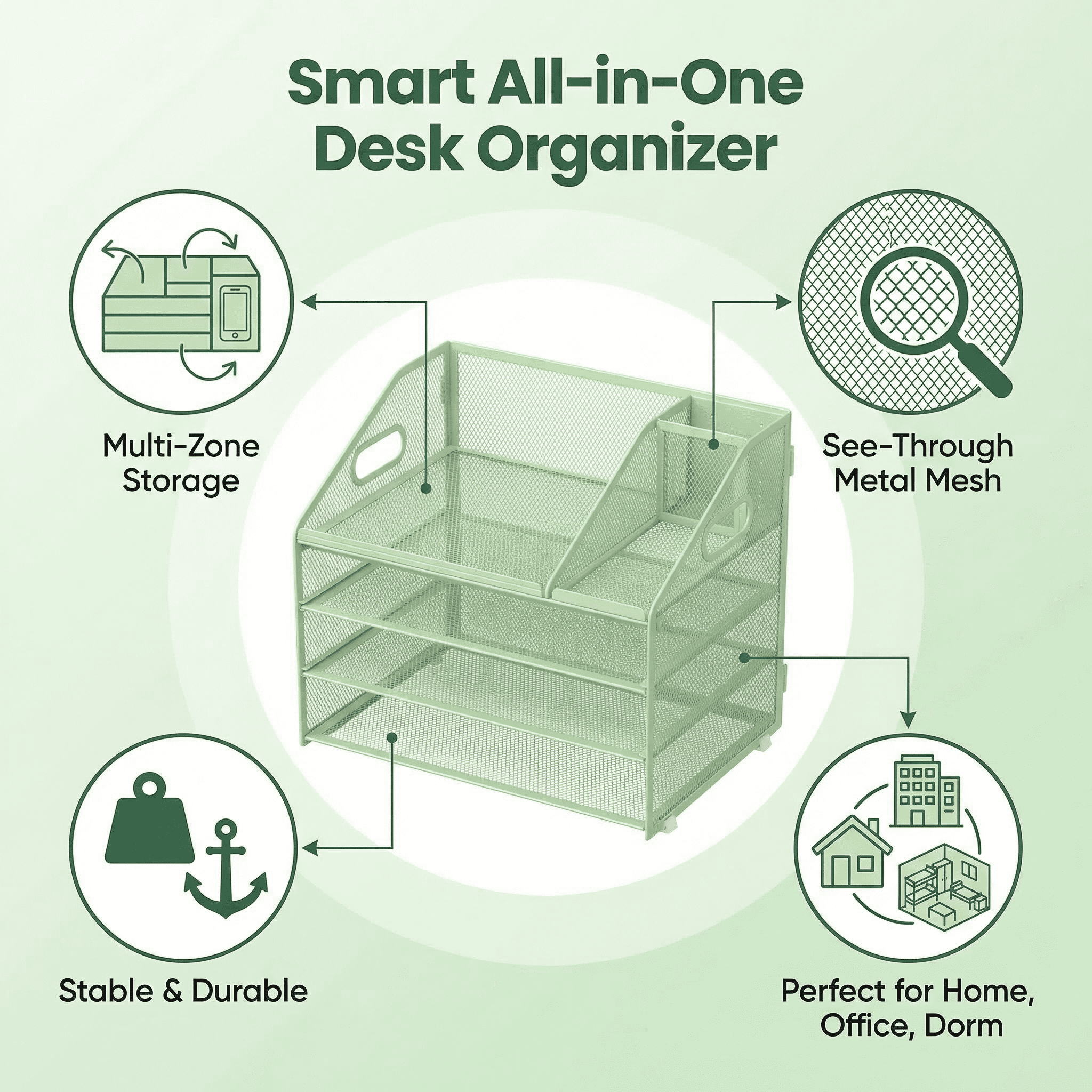 Yinghua 4-Tier Paper Letter Tray File Organizer, Mesh Desk Organizer with Handle & Pen Holder, Office Workspace Storage - Green