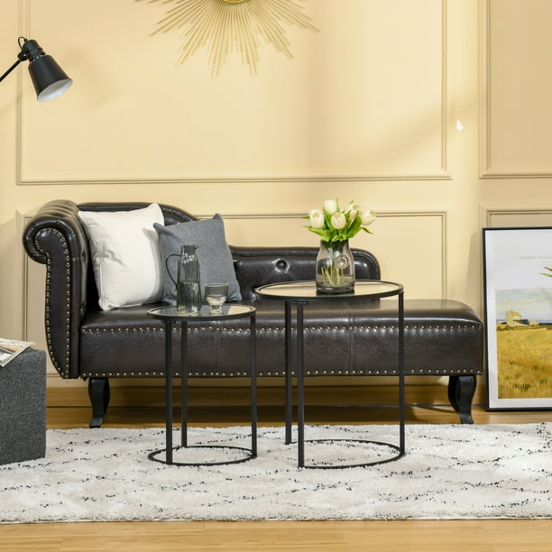 HOMCOM Set of 2 Nesting Coffee Tables with Metal Base Round Side Table with Tempered Glass Tabletop for Living Room Bedroom Black