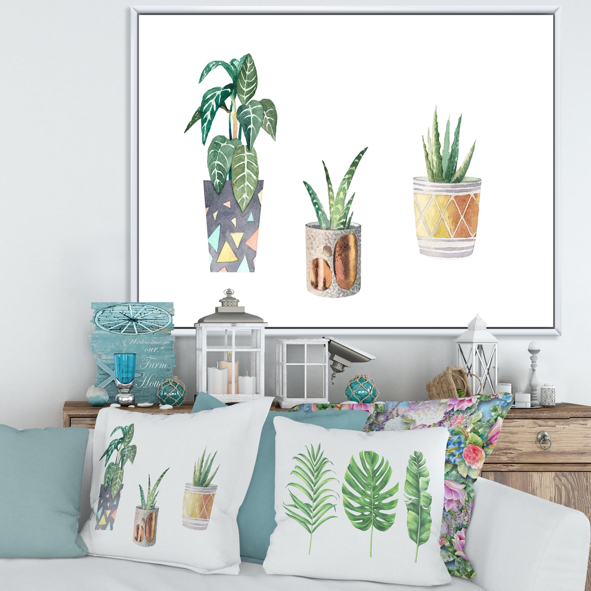 Designart 'Three Potted Houseplants On White' Traditional Framed Canvas Wall Art Print