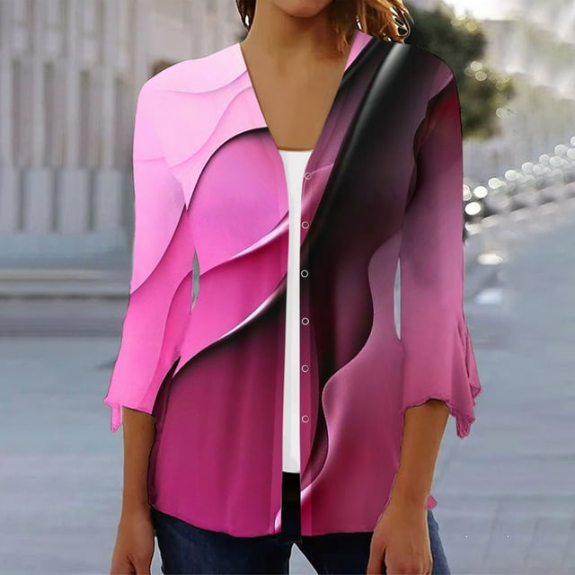 Cardigans pour Femmes Mode Femme T-Shirt à Manches 3/4 Cardigan Ouvert Blouse Imprimée Manteau Hauts Cardigan Mignon en Liquidation