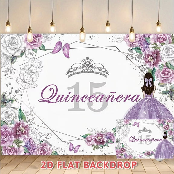 Purple Floral Crown Quinceañera Backdrop, 15th Birthday Party Decorations, Photography Background Wall For Coming-of-Age Ceremony, Party Photo Booth Props