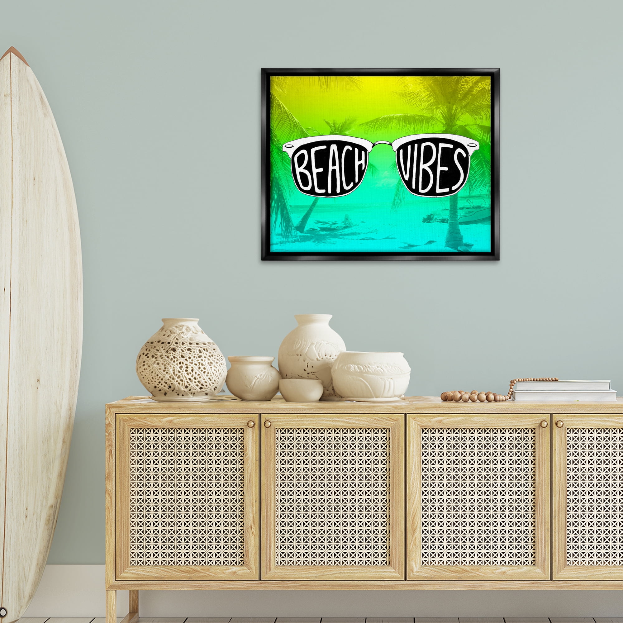 Stupell Industries Beach Vibes Sunglasses Typography Painting Black Floater Framed Canvas Art Print Wall Art, 31 x 25