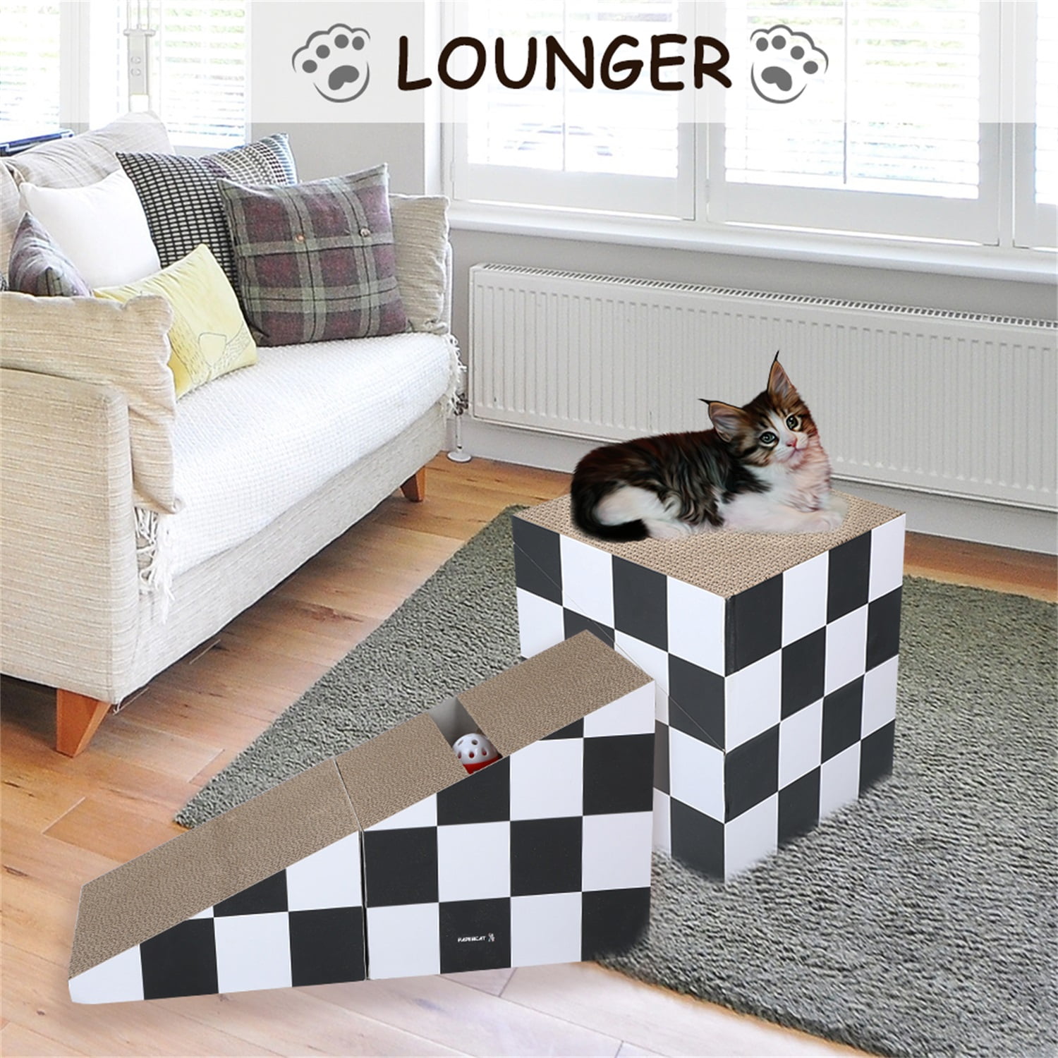 Pefilos 19" Cat Scratcher Board with Ball, Triangle Cat Scratching Cardboard, 2-in-1 Scratching Lounge Bed, Recyclable and Durable, Black and White Pefilos 19" Cat Scratcher Board with Ball, Triangle Cat Scratching Cardboard, 2-in-1 Scratching Lounge Bed, Recyclable and Durable, Black and White