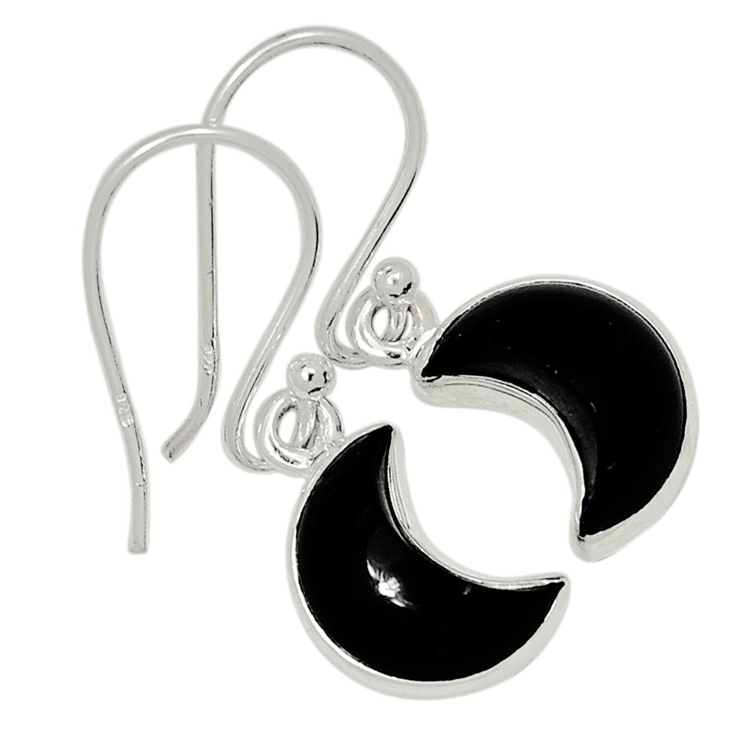 925 Sterling Silver Crescent Moon & Star on Black Onyx Disc Ear Stud Earrings