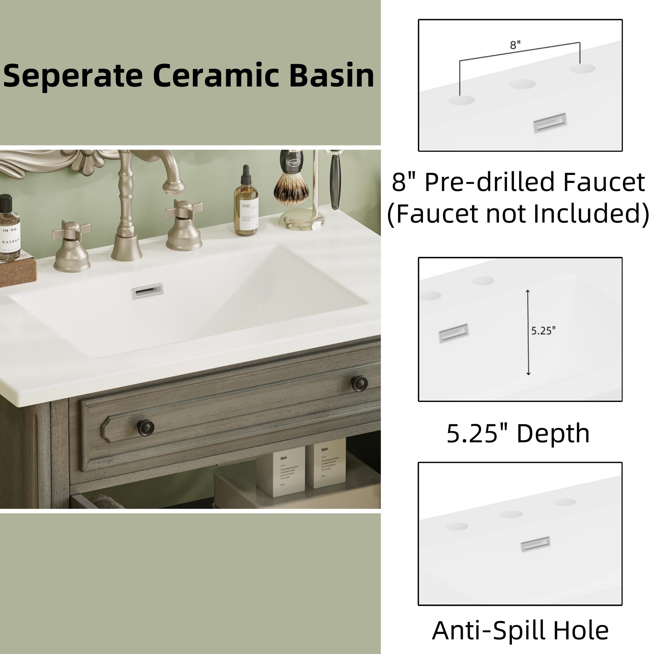 Christopher Knight Home 31" Vintage Bathroom Vanity, Curved Profile MDF Cabinet with Ceramic Sink, Gray