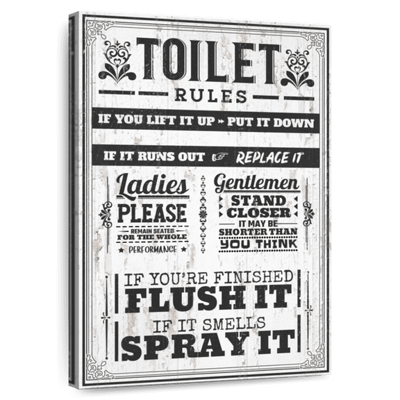 Elephant Stock Proper Bathroom Rules Wall Art - Vertical Canvas Wall Art - Bathroom Wall Decor - Inspirational And Typography Canvas - Gray And White Decor - 8" x 12"