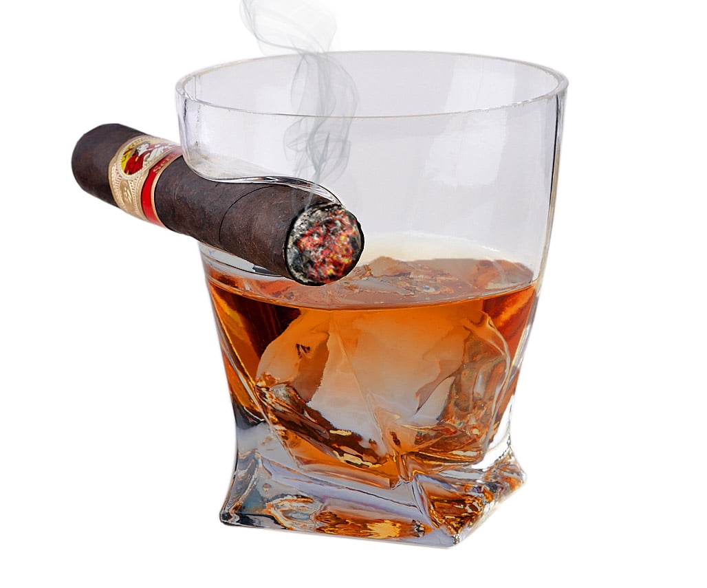 Twist Whiskey Glass with Cigar Holder Double Old Fashioned Glass with