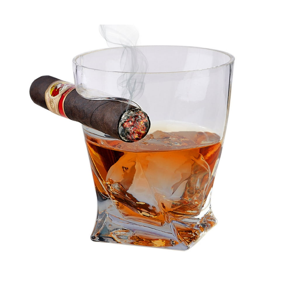 Twist Whiskey Glass with Cigar Holder – Double Old Fashioned Glass with Built-In Cigar Rest - 10 ...