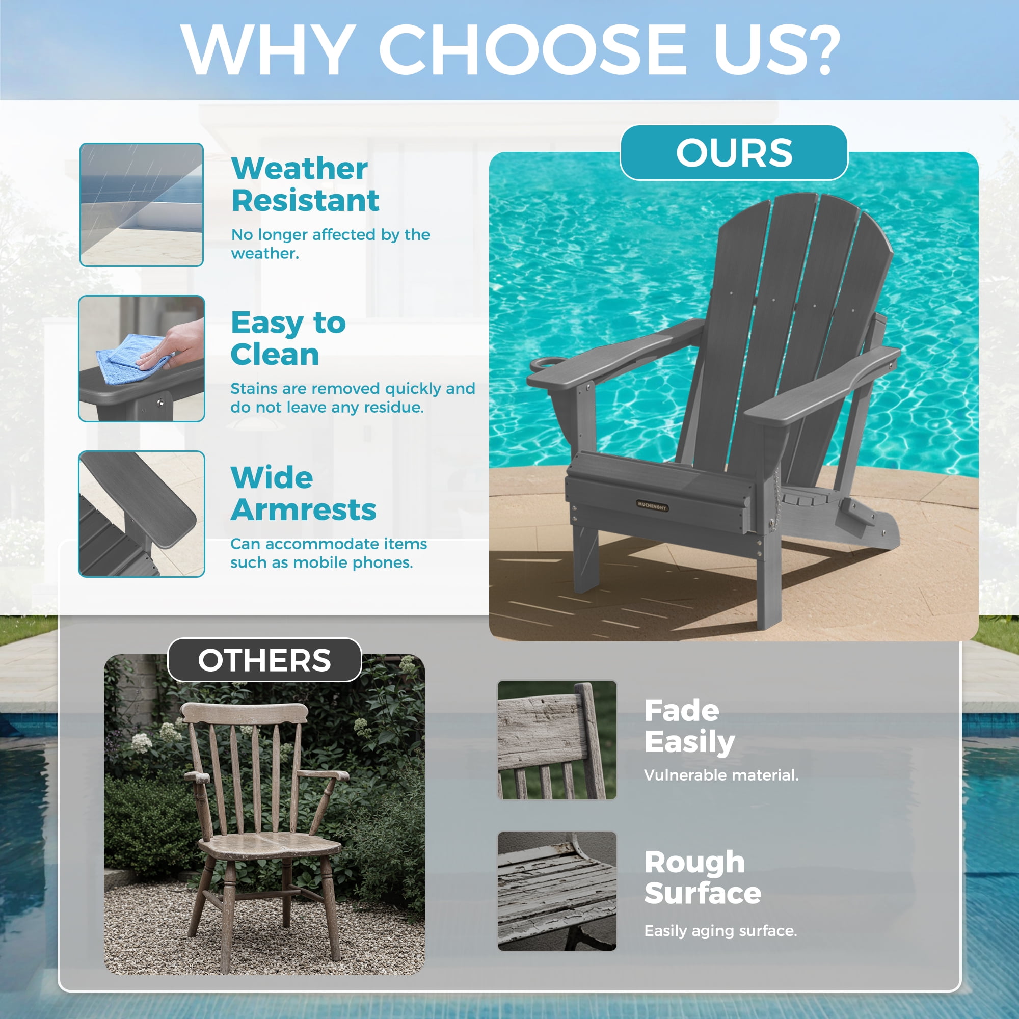 Folding Adirondack Chair Outdoor Fire Pit Chairs with Cup Holder Patio Poolside Garden Gray