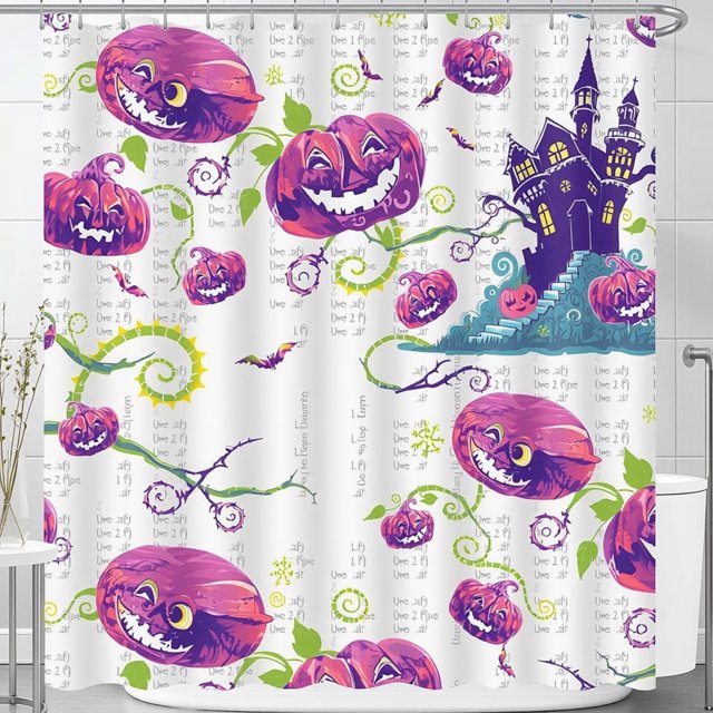 Rideau de Douche d'Halloween avec Lanternes Violettes, Maison Hantée et Chauves-Souris