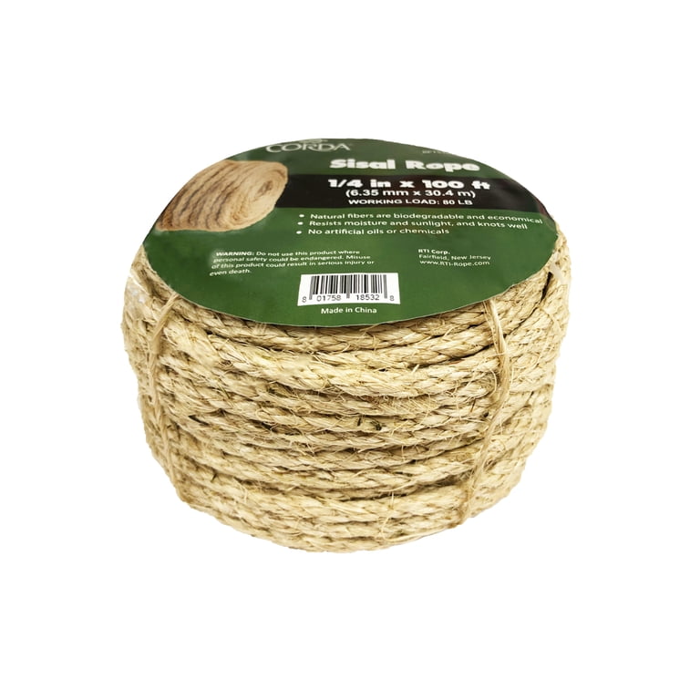 Natural Sisal Rope - 3 Strand Twisted, 1/4 Inch X 300 Feet For Cat Scratching Posts & DIY Pet Projects