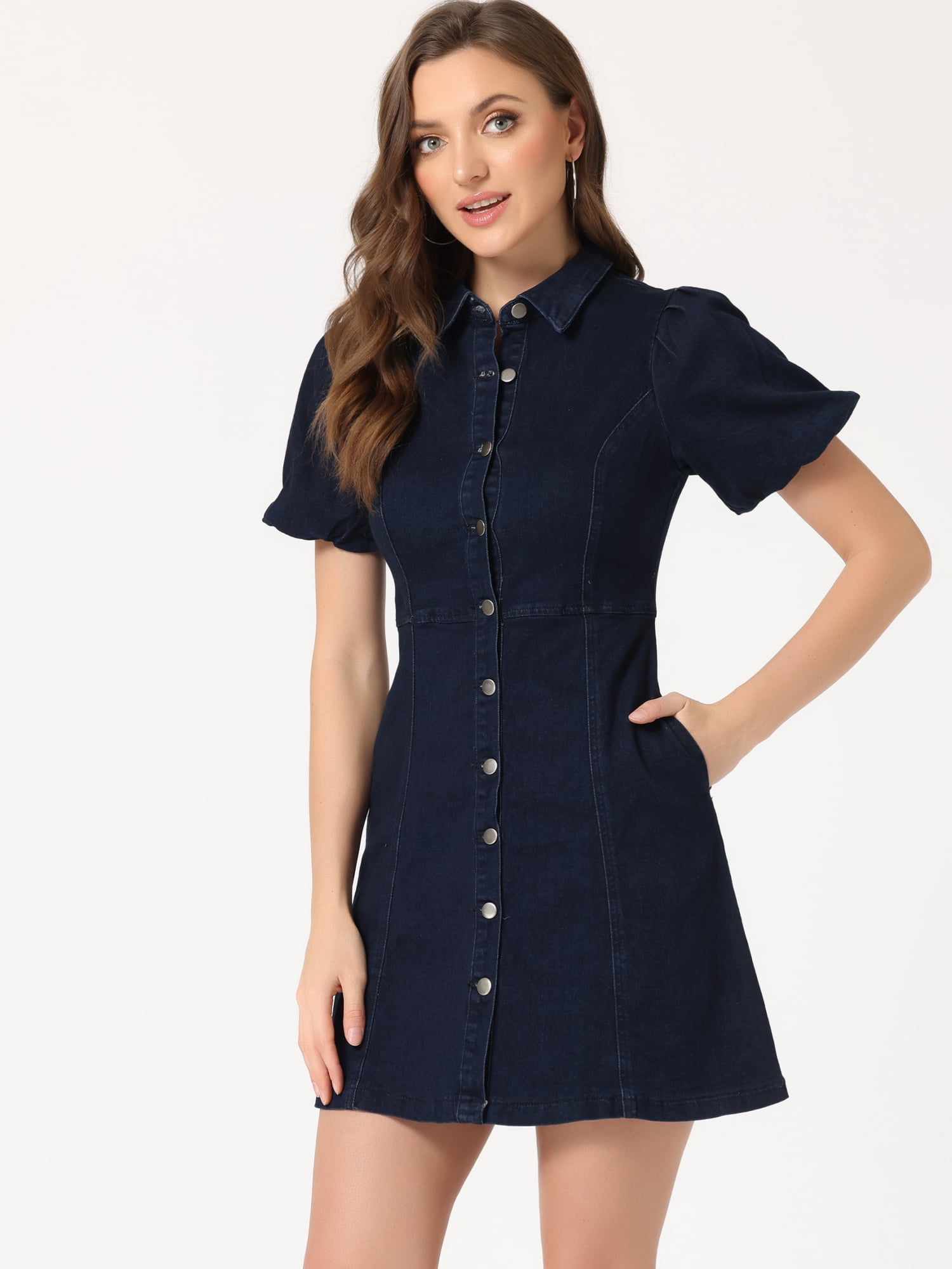 DARING DIVA Puff Short Sleeve Button Front Mini Jean Denim Dress S Deep Blue