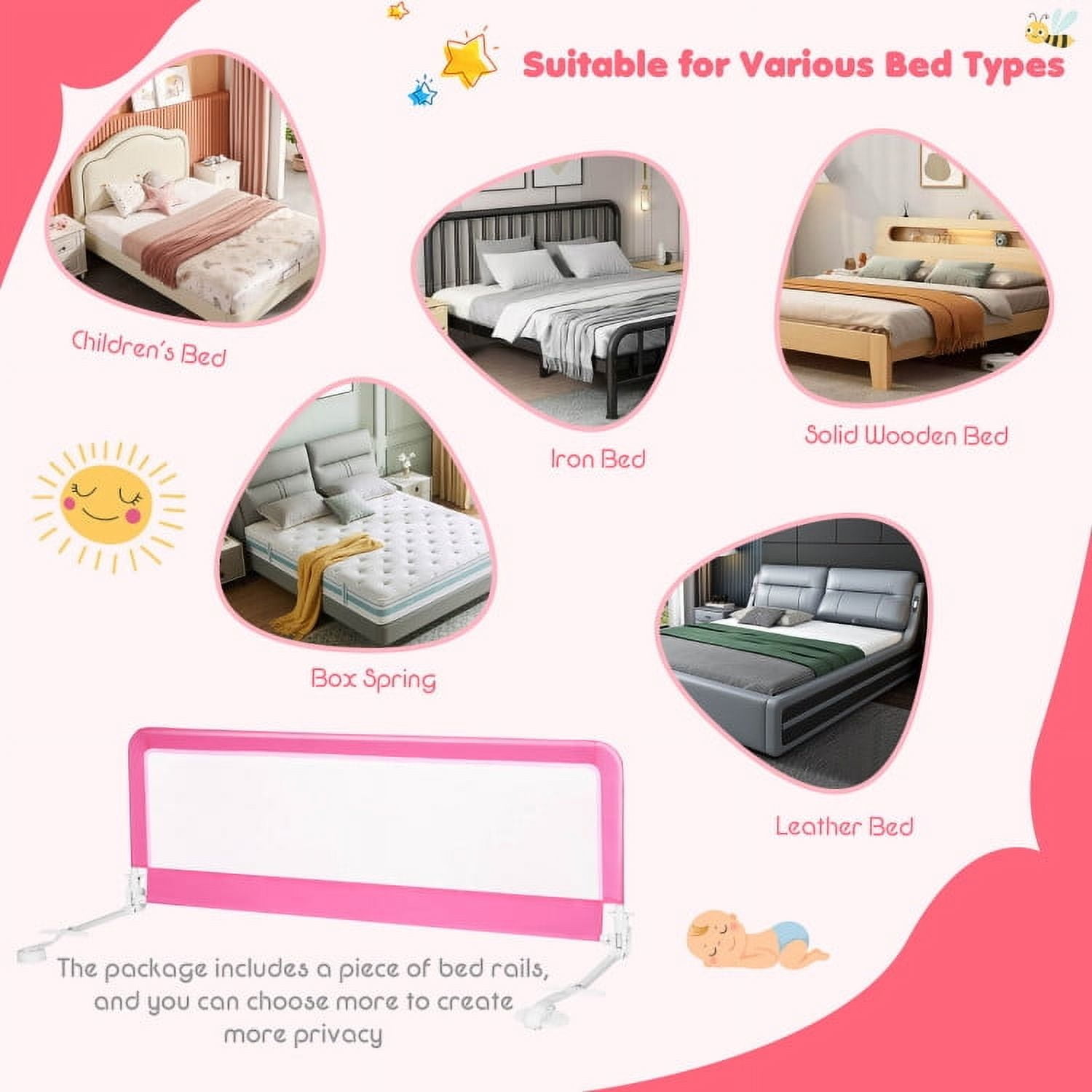 YYAo Bed Guard Rails,Bed Fence,Bed Gate for Baby,59 Inch Folding Breathable Baby Bed Rail Guard with Safety Strap-Pink