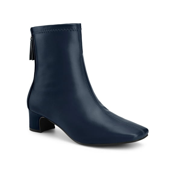 BLISSFUL STEP Women's Ankle Boots Faux Leather Square Toe Block Heel Zip Up Booties Navy Blue 7.5
