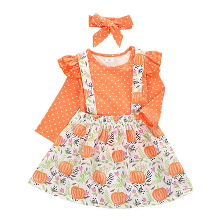 

Toddler Baby Girls Dot Print Tops+ Pumpkin Skirts+Headband Outfits Set For 2-3 Years