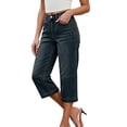 thumbnail image 4 of Capri Jeans for Women Elastic High Waist Relaxed Fit Washed Blue Wide Straight Leg Denim Capris with Pockets Cropped Jeans, 4 of 8