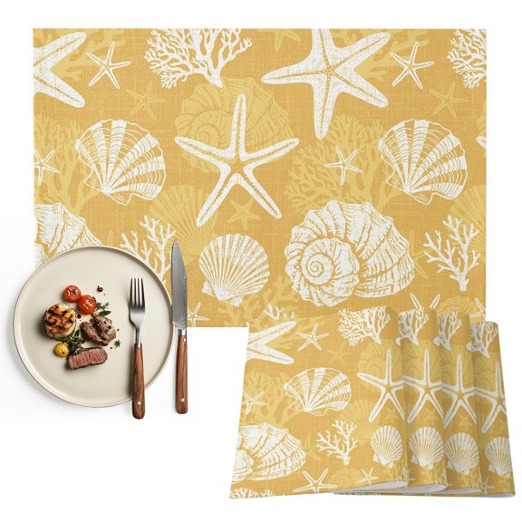 Placemats Set of 4, Yellow Coastal Marine Life Place Mats Starfish Shell Conch Tablemats Washable Placemat Table Decoration for Kitchen Table Dinner Party Home Decor Indoor Outdoor 13x19 Inch