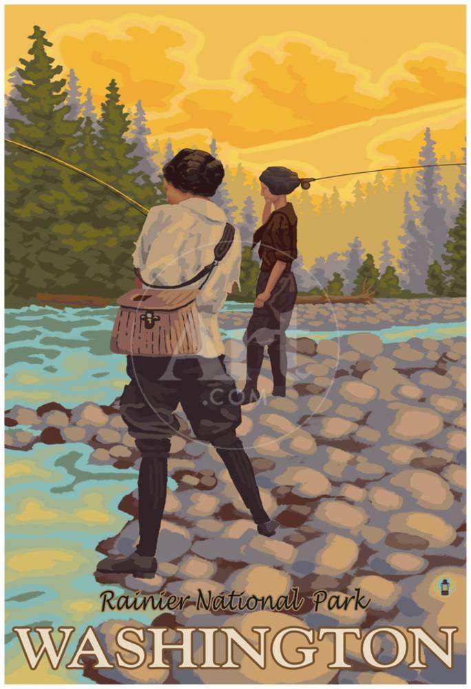 Women Fly Fishing, Mt. Rainier National Park, Washington Poster 13x19