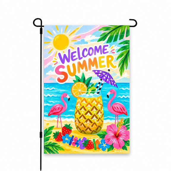 Welcome Summer Garden Flag, Tropical Flamingo and Pineapple Design, 12 x 18 Inch, Vibrant Outdoor Decor for Yard or Patio, Beach Theme Yard Flag