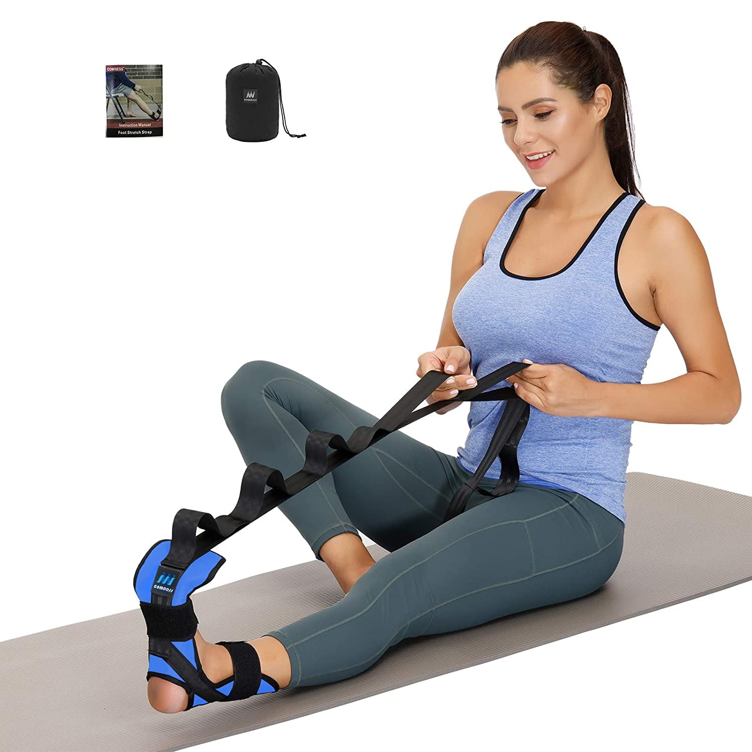 Comness Foot and Calf Stretcher, Stretching Strap for Plantar Fasciitis, Achilles Tendonitis, Hamstring, Yoga, Blue, 1 Pack