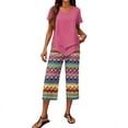thumbnail image 3 of Women's Capri Sets 2 Piece Outfits Short Sleeve Tiered Tops Floral Print Wide Leg Capri Pants Summer Travel Outfits, 3 of 6