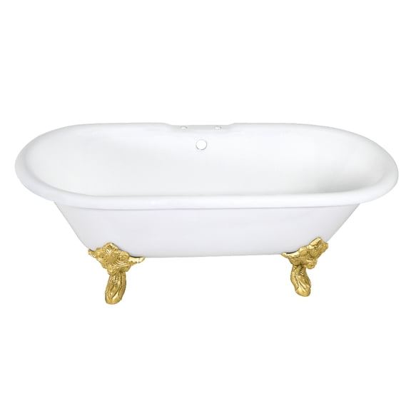 Aqua Eden VCT7DE7232NL7 72-Inch Cast Iron Oval Double Ended Clawfoot Tub (7-Inch Faucet Drillings) in White/Brushed Brass