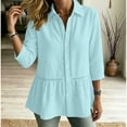 thumbnail image 3 of AKOEE Linen Button Up Shirts for Women with Lace Details 3/4 Sleeve Lapel Collar Loose Casual Summer Blouses (2XL, Light Blue), 3 of 6