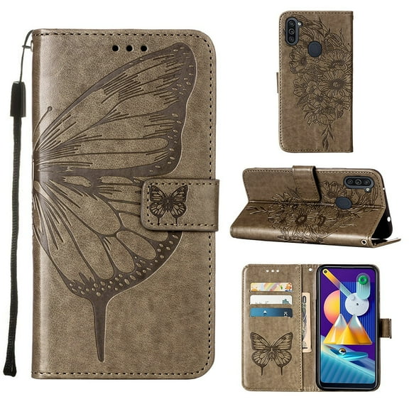 Galaxy A20 Case,Galaxy A30 Wallet Case,Embossed Butterfly PU Leather Credit Card Holder Slots Full Body Protection Kickstand Flip Shockproof TPU Phone Cover for Samsung Galaxy A30/A20,Gray