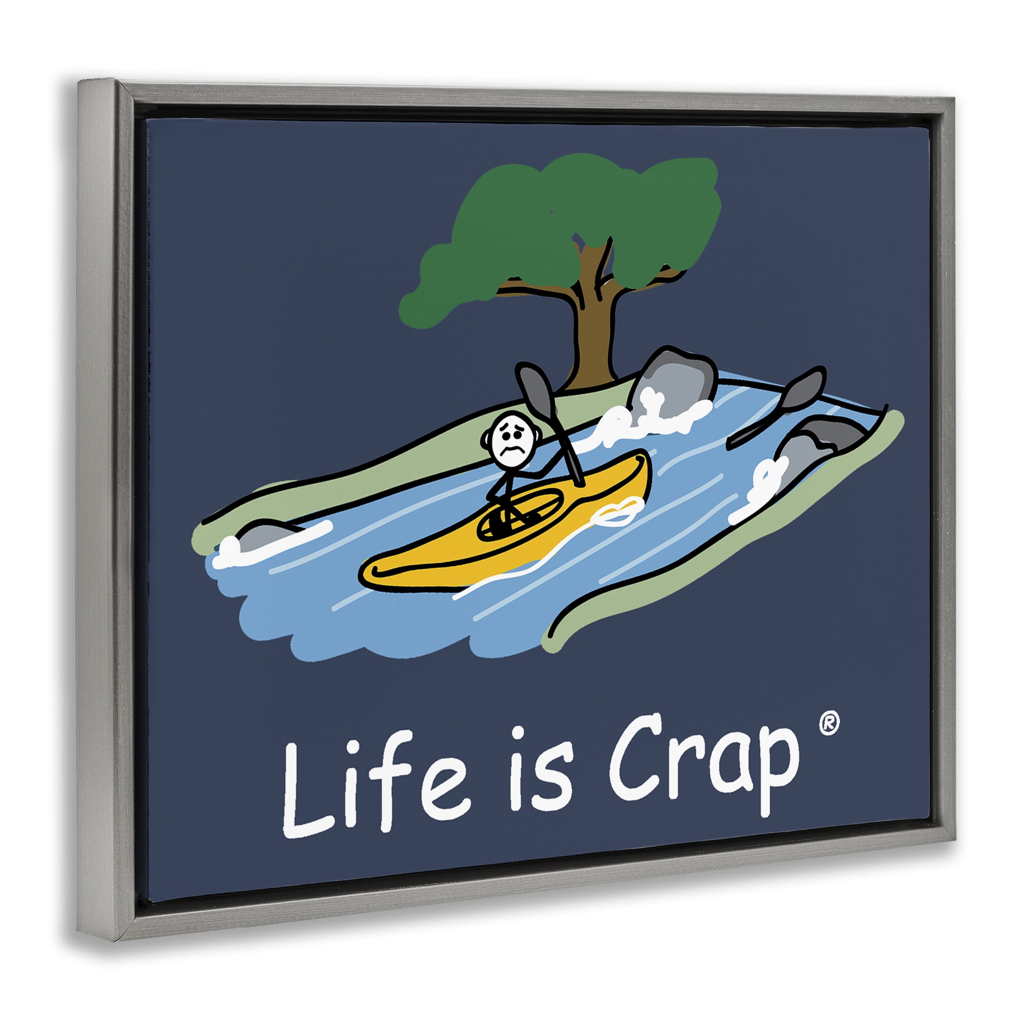 Stupell Industries Life Is Crap Kayaker Novelty & Humor Painting Gray Floater Framed Canvas Art Print Wall Art, 21 x 17