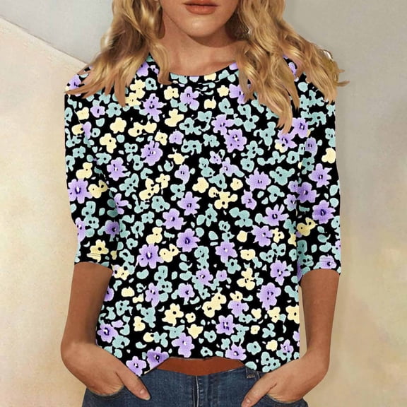 Jsaierl 3/4 Sleeve Tops for Women Summer Round Neck Shirts Boho Print Petite Blouses Work Cotton Tunic Top S-5XL