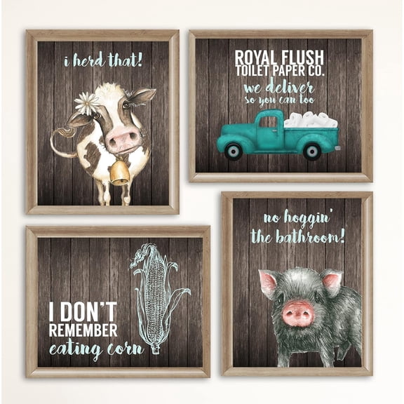 Silly Goose  Funny Farm Animal Themed Bathroom Wall Art Print Sets, Typography Country Bath Pictures Signs Wood (Brown)