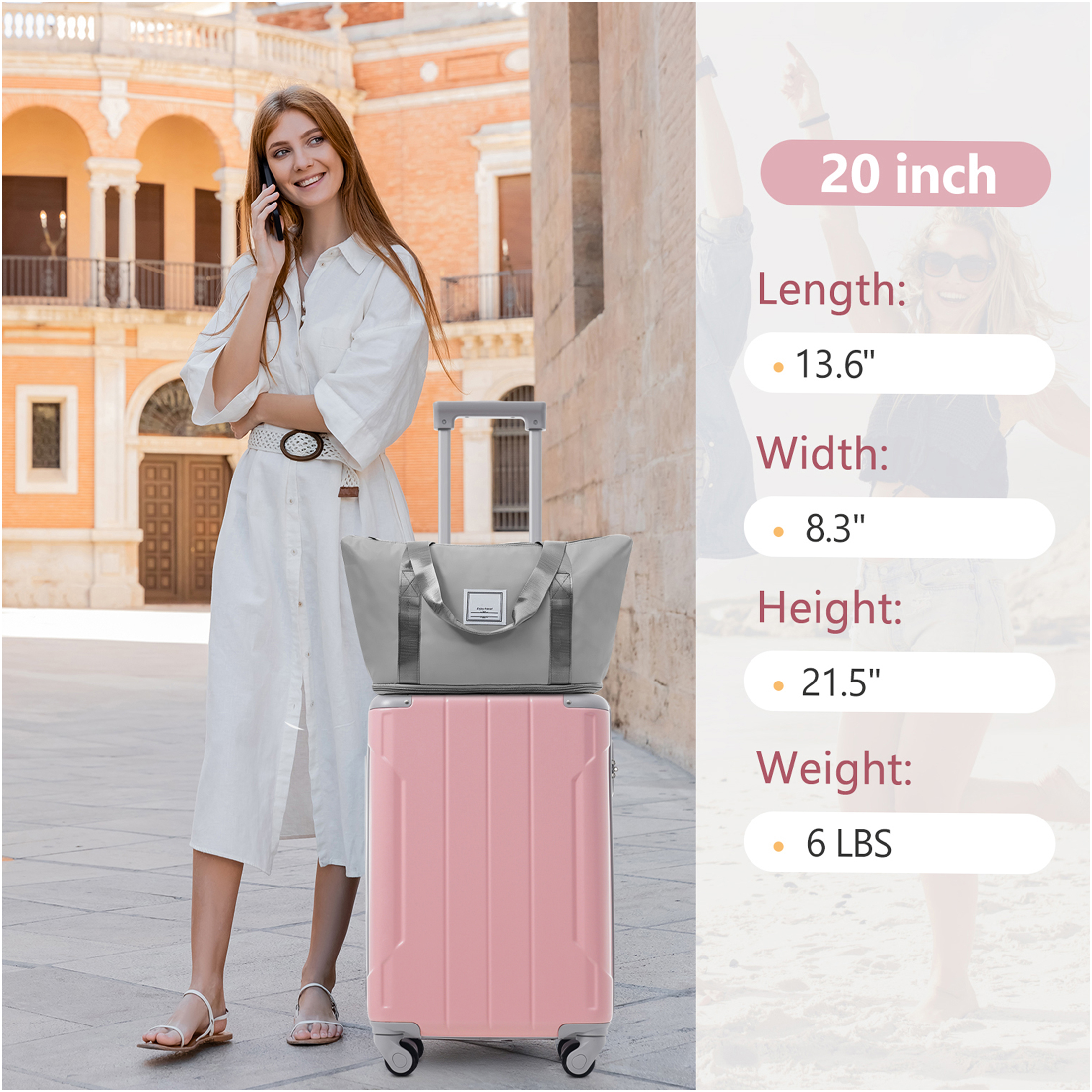 JERFIT 3-Piece Pink Lady ABS Hardshell Luggage Set with Spinner Wheels, TSA Lock, Expandable Carry On Suitcase & Weekender Bag for Travel