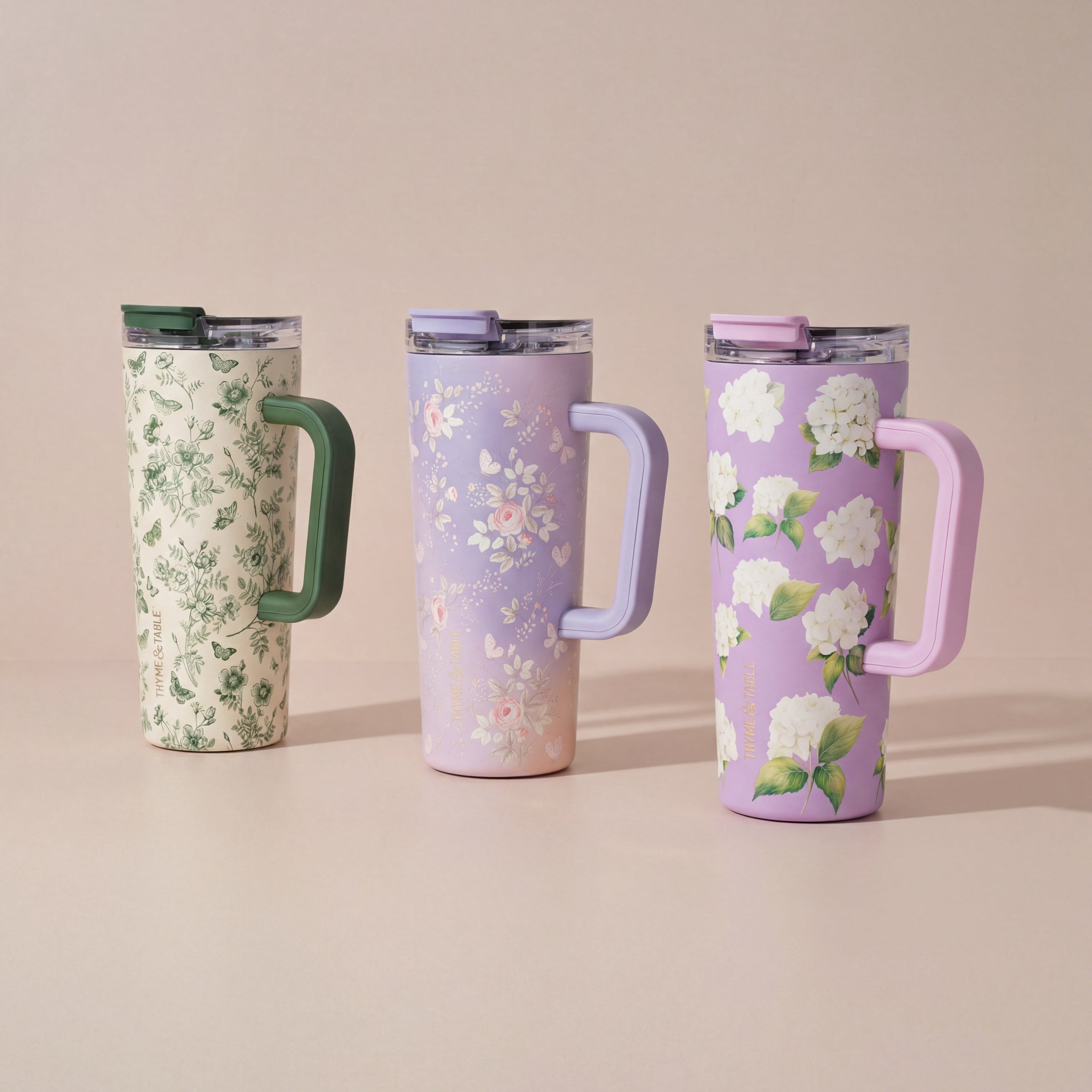 Thyme & Table 24oz Stainless Steel Luna Tumbler with Handle and Dual Straw Lid, Hydrangeas