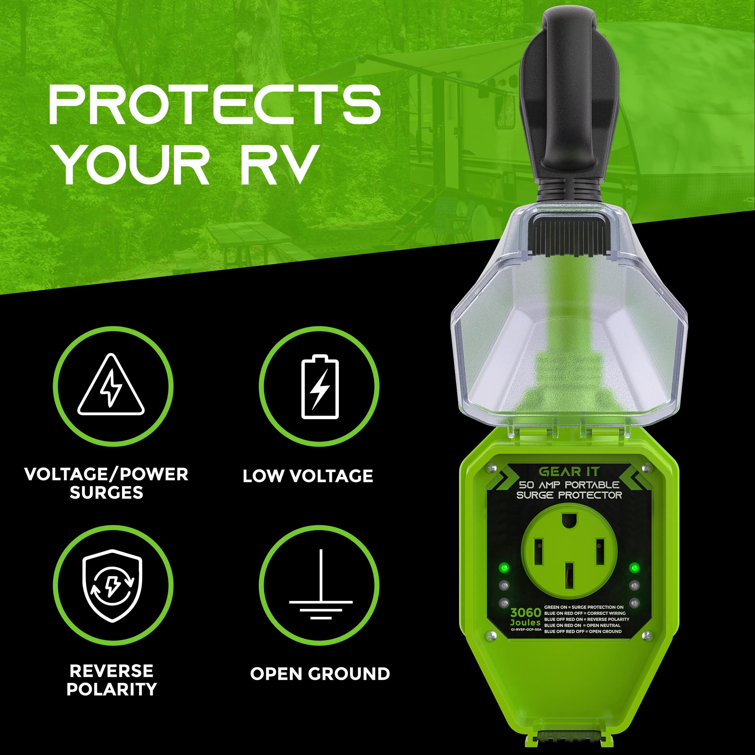 GEARit RV Surge Protector 50 AMP - Circuit Analyzer Voltage Protector/Monitor (3060 Joules) OCP Over Current Protection - Weather Resistant 50A Extension Plug for RV Trailer Travel Outdoor Camper