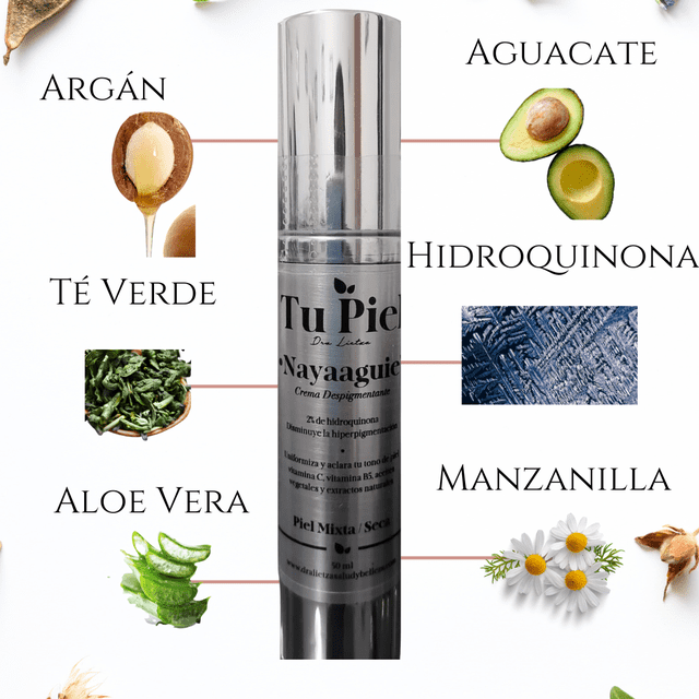 Nayaaguie Crema para manchas con Hidroquinona, despigmentante y aclarante. Manchas de sol, paño y hormonales. Tu Piel Dra. Lietza