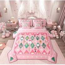 Manfei Girly Pink Christmas Bedding Comforter Set 7pcs for Girl, Santa Claus Nutcracker Queen Bedding Sets, Happy New Year Reversible Queen Sheet Sets, Super Cozy Room Decor