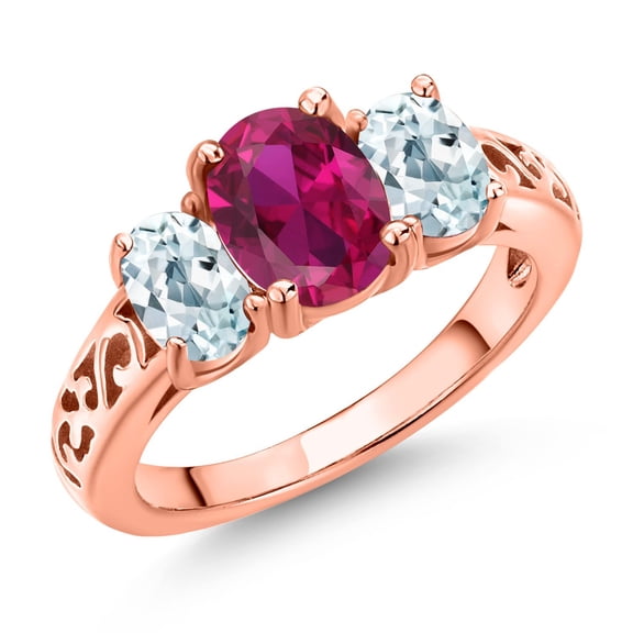 Gem Stone King 18K Rose Gold Plated Silver Red Created Ruby and Sky Blue Aquamarine Filigree Style 3 Stone Ring for Women (2.35 Cttw, Oval 8X6MM and 6X4MM) (Size 5)