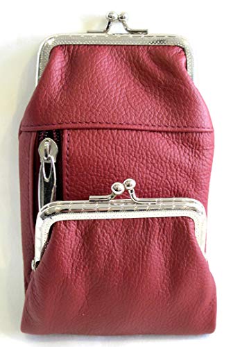 Women's - Leather Cigarette Case Coin Purse Double Twist Clasp Closure Zipper Pocket- Burgundy