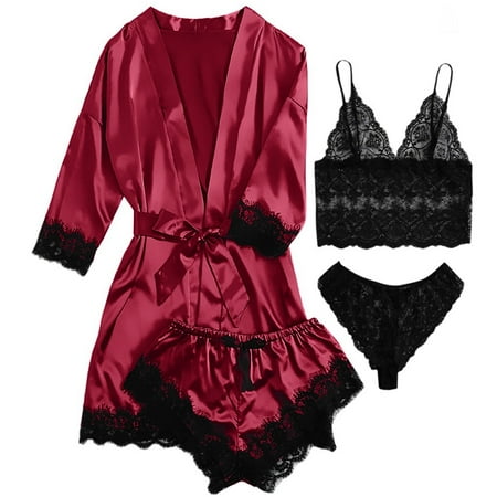 Sexy Lingerie  LOFIR Silk Satin Pajamas for Women  Womens Summer Pajamas Pjs Sets of 4 Pcs with Floral Lace Top Shorts and Robe  Gift for Women  Wine Red  3XL
