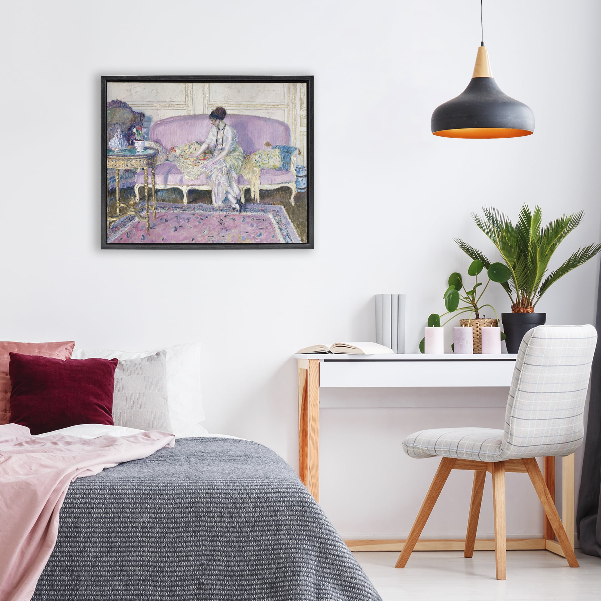 Woman Seated on Sofa Black Framed Floater Canvas Wall Art, design by Wild Apple Portfolio