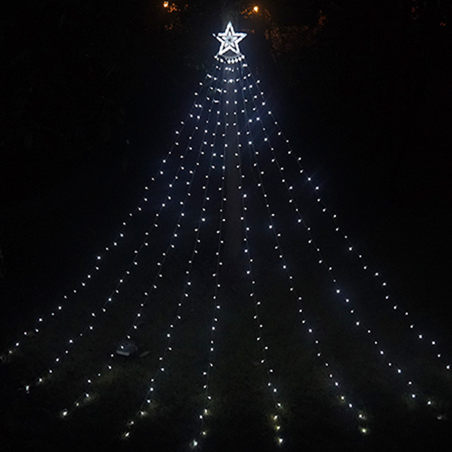 adornos navideños para exteriores, cadena de luces de estrellas, luces de hadas en la parte superior del árbol para decoración de patio, jardín y patio trasero estrella blanca en la punta con cortinas de guirnaldas LED blancas que caen en hileras formando un cono sobre el césped; adecuada para decorar árboles, ventanas y como cortina luminosa en terrazas y paredes exteriores.