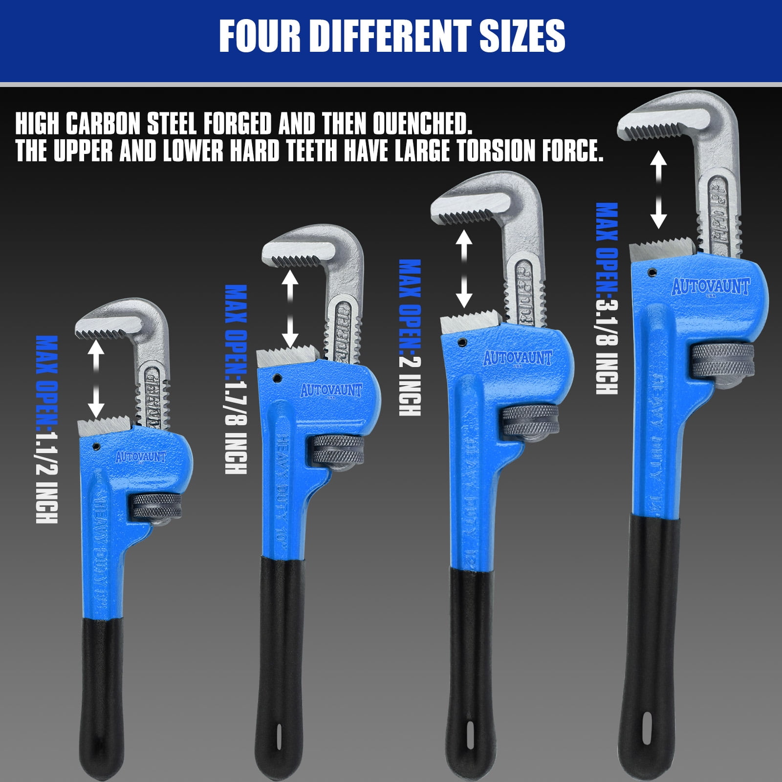 4 Pack Heavy Duty Pipe Wrench Set, Adjustable 8" 10" 12" 14" Soft Grip Plumbing Wrench Set with Storage Bag