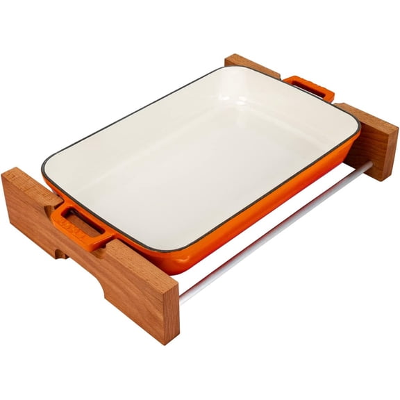 Cast Iron Lasagna Pan, Three Layers of Enameled Cast Iron Lasagna Pan, Baking Tray with Service Stand, 10x16 Inch Rectangular Oven Safe Serving Dish (Orange)