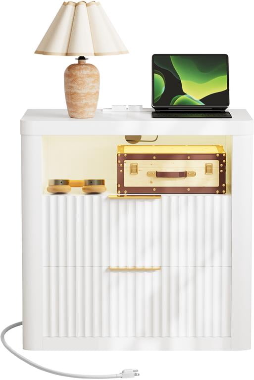 Lacoo End Table with Lights & Power Outlet, Fluted Nightstand with 2 Drawers for Bedroom, Sofa Side End Table for Living Room, White