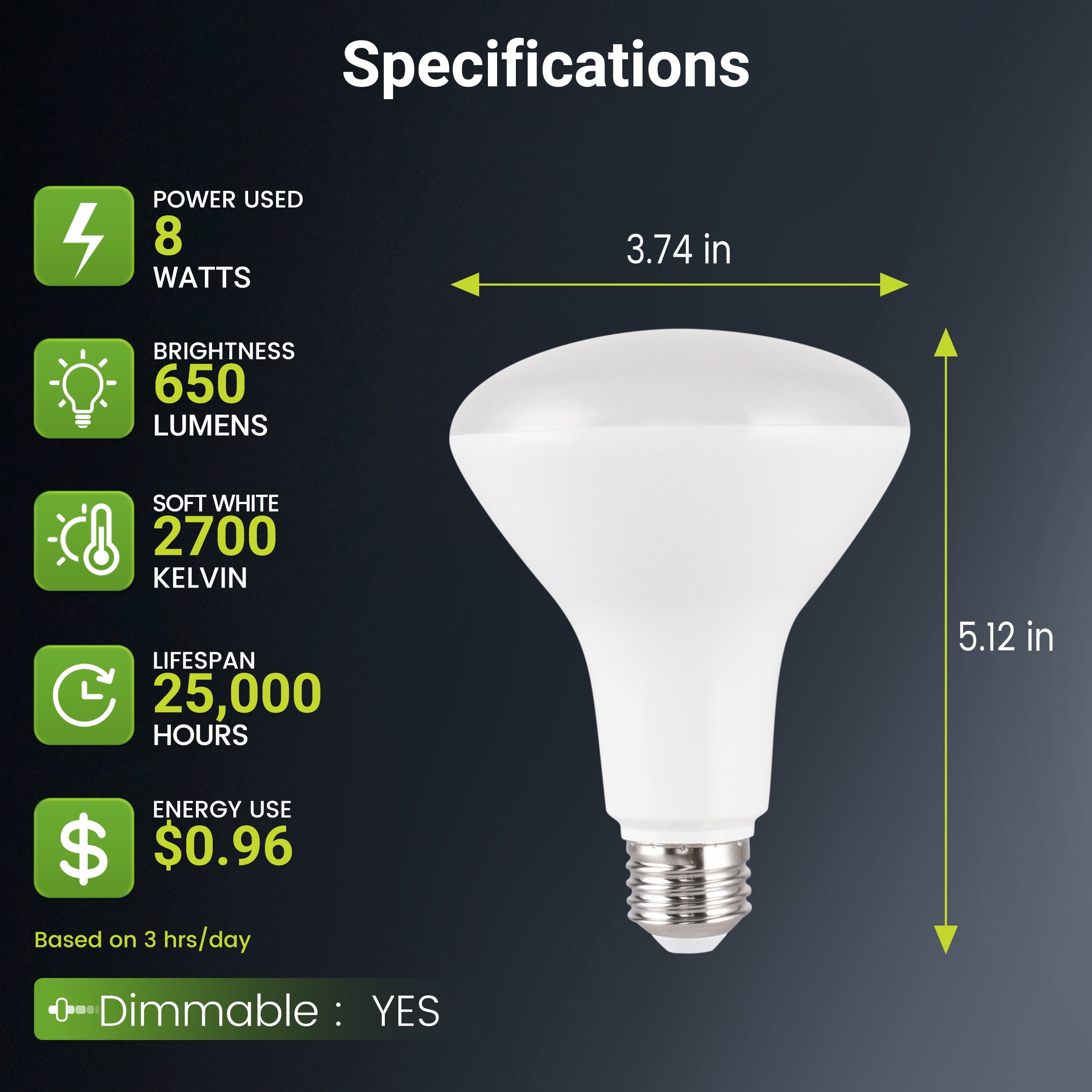 Green Watt BR30 LED Flood Light Bulbs, 8-Watt (50W Equivalent), Soft White, E26 Base, Dimmable (24-Pack)