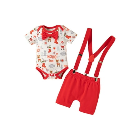 

Suanret Christmas Kids Baby Boys Clothes Sets Long Sleeve Deer Tops+Bowknot Suspender Skirt+Headband Red 12-18 Months