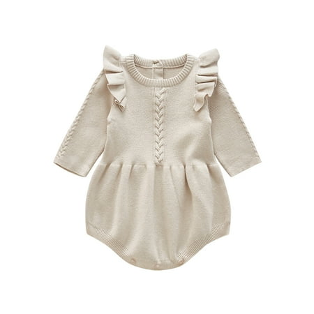 

IBTOM CASTLE Newborn Infant Baby Girls Sweater Romper Knit Fall Winter Outfit Pompoms Ruffle Long Sleeve Bodysuit Jumpsuit Knitted Clothes 12-18 Months Apricot